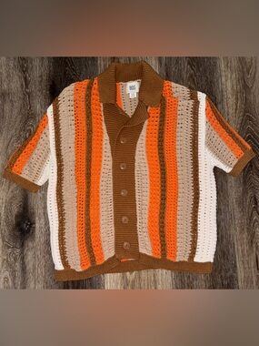 Urban Outfitters BDG Striped Crochet Button-Down Sweater Shirt Orange Size Small